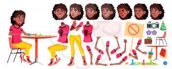 Teen Girl Vector. Black. Afro American. Animation Creation Set. Face Emotions, Gestures. Leisure, Smile. Animated For Web Poster Booklet Design Cartoon Illustration
