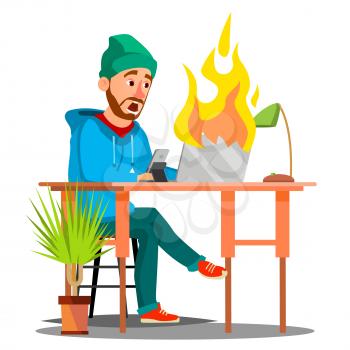 Scared Employees Sitting At The Table And Burning With Fire Laptop Vector. Illustration