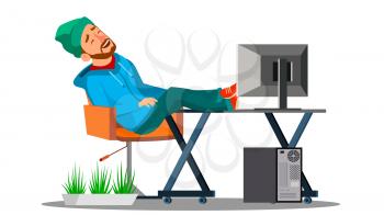 Lazy Employees Office Worker Sleeping In The Workplace With His Feet On The Table Vector. Illustration