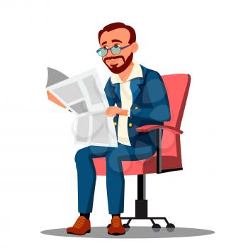 Businessman In Suit Reading A Newspaper In Comfortable Chair Vector. Illustration