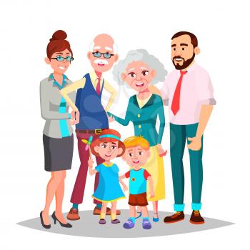 Family Vector. Cheerful. Mom, Dad, Children, Grandparents Together. Banner Flyer Brochure Design Isolated Cartoon Illustration