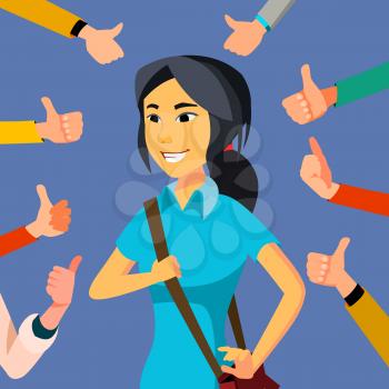 Thumbs Up Business Woman Vector. Public Approval. Asian Worker. Surrounded Hands. Business Illustration