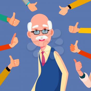 Thumbs Up Old Man Vector. Public Respect Business Illustration