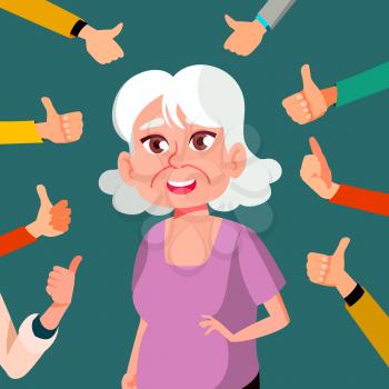 Thumbs Up Old Woman Vector. Public Approval. A Lot Of Hands. Shows Gesture Business Illustration