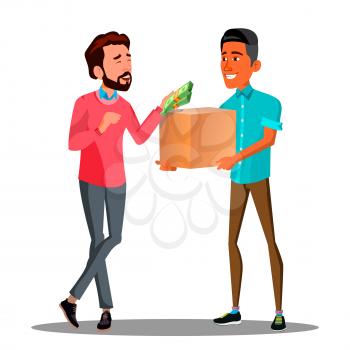Money Goods Relationship, Man Giving Money To Man With A Product Vector. Illustration