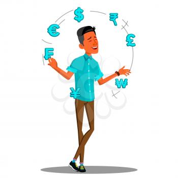 Currency Exchange, Manager Juggles Currency Signs Vector. Illustration