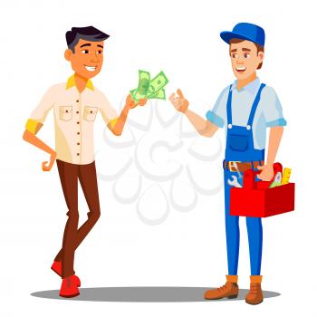 Manager Paying Money To Repairman For The Work Done Vector. Illustration