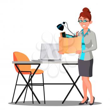 Happy Woman With Box With Things Near Table Getting A New Job Vector. Illustration