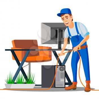 It Specialist Connecting Wires Under Table Of Office Employee Vector. Illustration