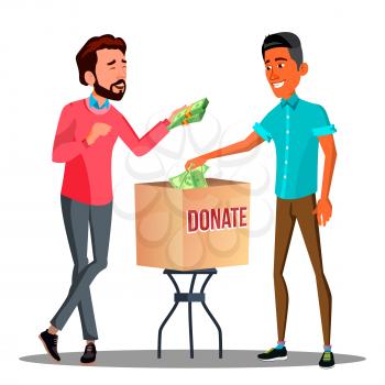 Two Businessmen Putting Money In A Donation Box Vector. Illustration