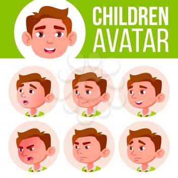 Boy Avatar Set Kid Vector. Primary School. Face Emotions. Expression, Positive Person. Placard, Presentation Head Illustration