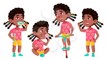 Girl Kindergarten Kid Poses Set Vector. Black. Afro American. Happy Beautiful Children Character. For Advertising, Booklet, Placard Design. Isolated Illustration