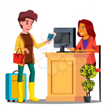 Young Girl At The Passport Control At The Airport Vector. Illustration