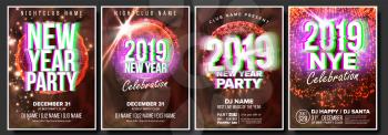 2019 Party Flyer Poster Set Vector. Night Club Celebration. Musical Concert Banner. New Year. Celebration Template. Winter Background. Disco Light. Design Illustration