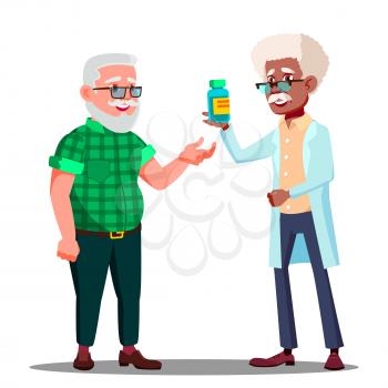 Pharmacist Giving The Pills To The Pharmacy Customer Vector. Isolated Illustration