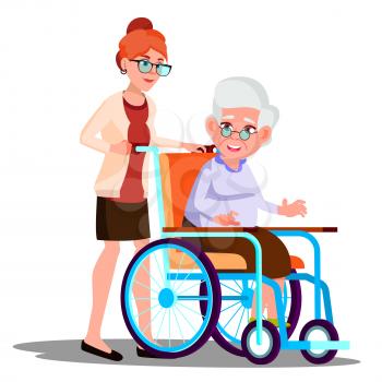 Nurse Carrying A Disabled Old Woman In Wheelchair Vector. Isolated Illustration