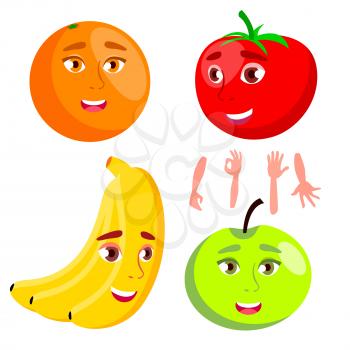 Smiling Orange, Tomato, Apple, Banana, Healthy Eating Concept Vector Isolated Illustration