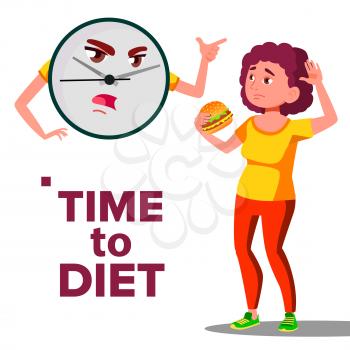 Time To Diet Concept, Wall Clock Screaming At Girl With Hamburger Vector. Isolated Illustration