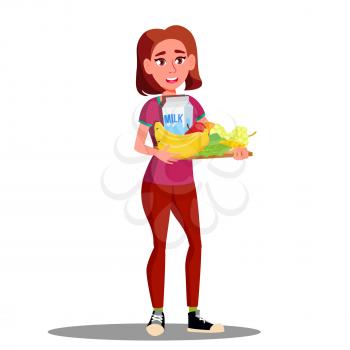 Happy Vegetarian Girl With Plate Of Fruit, Vegetables And Milk Vector. Isolated Illustration