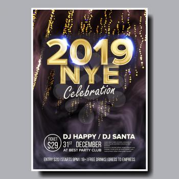2019 Party Flyer Poster Vector. Happy New Year. Holiday Invitation. Christmas Disco Light. Design Illustration