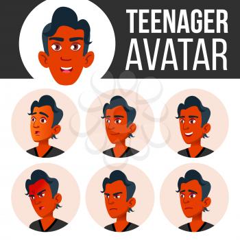 Teen Boy Avatar Set Vector. Face Emotions. Flat, Portrait. Indian, Hindu. Asian Youth Caucasian Head Illustration