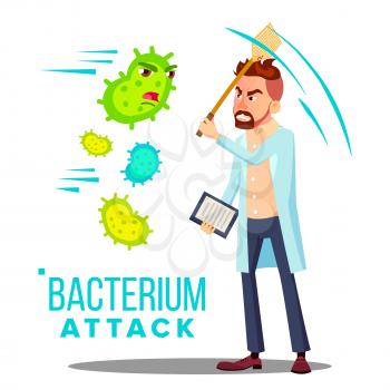 Doctor Reflecting Bacterium Attack Vector. Isolated Illustration