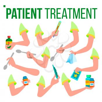Patient Treatment, Hand Set Holding Pills, Spoon With Medicine Vector. Isolated Illustration