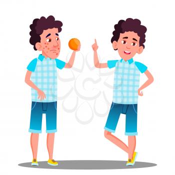 Allergic Reaction, Sad Boy With Red Spots Holding An Orange Vector. Isolated Illustration