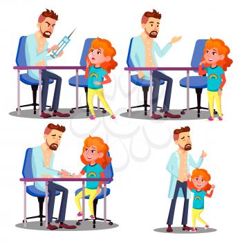Pediatrician Vaccinating Scared Crying Child Girl Vector. Isolated Illustration