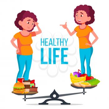 Fat And Slim Girl On The Scales With Healthy And Unhealthy Food Vector. Isolated Illustration