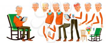 Old Man Vector. Asian Senior Person Portrait. Elderly People. Aged. Animation Creation Set. Face Emotions, Gestures. Friendly Grandparent. Banner, Flyer Animated Cartoon Illustration