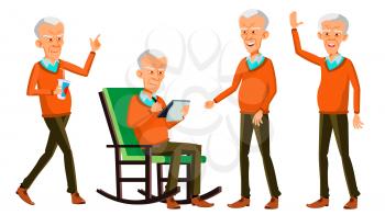 Old Man Poses Set Vector. Asian, Korean, Chinese. Elderly People. Senior Person. Aged. Funny Pensioner. Leisure. Postcard Announcement Cover Design Isolated Cartoon Illustration
