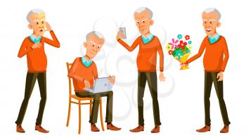 Old Man Poses Set Vector. Asian, Chinese, Japanese. Elderly People. Senior Person. Aged. Friendly Grandparent. Banner Flyer Brochure Design Isolated Cartoon Illustration