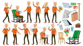 Old Man Poses Set Vector. Asian, Japanese, Vietnamese. Elderly People. Senior Person. Aged. Caucasian Retiree. Smile. Web Poster Booklet Design Isolated Cartoon Illustration