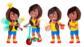 Girl Kindergarten Kid Poses Set Vector. Black. Afro American. Preschool, Childhood. Smile. Toys. For Web, Poster, Booklet Design Isolated Cartoon Illustration