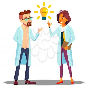 Doctor Man, Woman Found Answer, Solution, Idea. Light Bulb Above Head Vector. Isolated Illustration
