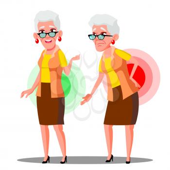 Bent Over Old Woman From Back Ache, Sciatica Vector. Isolated Illustration