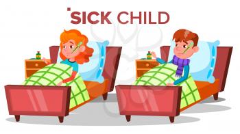 Sick Sad Child Girl, Boy Lies With Thermometer In Mouth Vector. Isolated Illustration