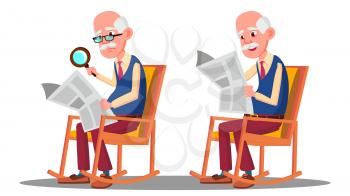 Visually Impaired Elderly Man Reading A Book Through A Magnifying Glass Vector. Isolated Illustration