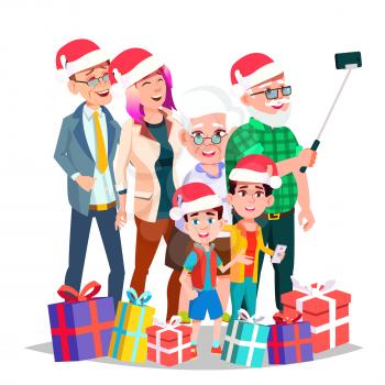 Christmas Family Vector. Celebrating. Mom, Dad, Children, Grandparents Together. In Santa Hats. Decoration Element Isolated Cartoon Illustration