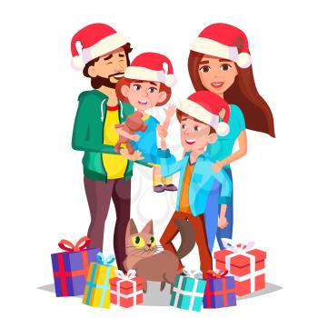 Christmas Family Vector. Dad, Mother, Kids. In Santa Hats. Happy. New Year Gifts. Portrait. Banner Flyer Brochure Design Isolated Cartoon Illustration
