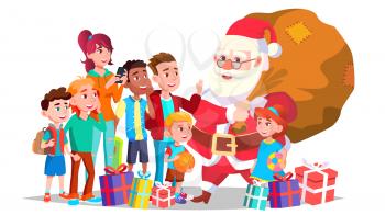 Santa Claus With Children Vector. Happy Kids. Traditional Event. Happy. New Year Gifts. Decoration Element. Isolated Cartoon Illustration