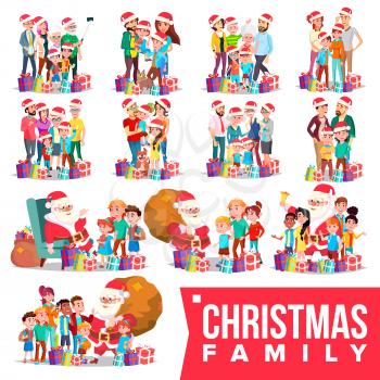 Christmas Family Portrait Set Vector. Full Happy Family. Traditional Event. Santa Hats. Merry Christmas, Happy New Year. Gifts. Parents, Grandparents, Children Greeting Postcard Illustration