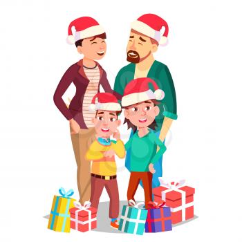Christmas Family Vector. Mom, Dad, Children Together. In Santa Hats. Full Family. Celebrating. Decoration Element Isolated Cartoon Illustration