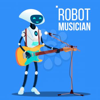 Robot Musician Playing Guitar And Singing Into Microphone Vector. Illustration