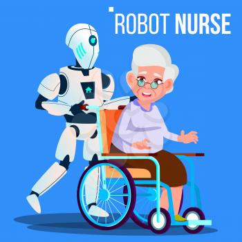 Robot Nurse Rolling Wheelchair With Elderly Woman Vector. Illustration