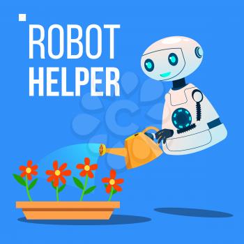 Robot Helper Watering Flowers In The Garden Vector. Illustration