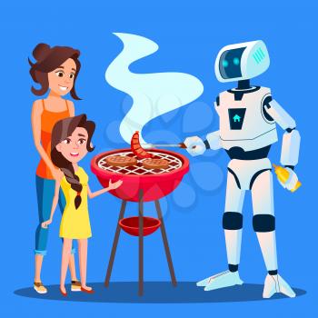 Robot Preparing A Barbecue For Family Vector. Illustration