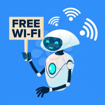 Free Wi-Fi Zone, Robot Distributing Wi-Fi Vector. Illustration
