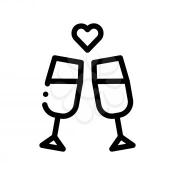 Champagne Glasses Wedding Ceremony Vector Icon Thin Line. Champagne Glasses And Love Symbol Heart Linear Pictogram. Party Preparation And Marriage Template Monochrome Contour Concept Illustration